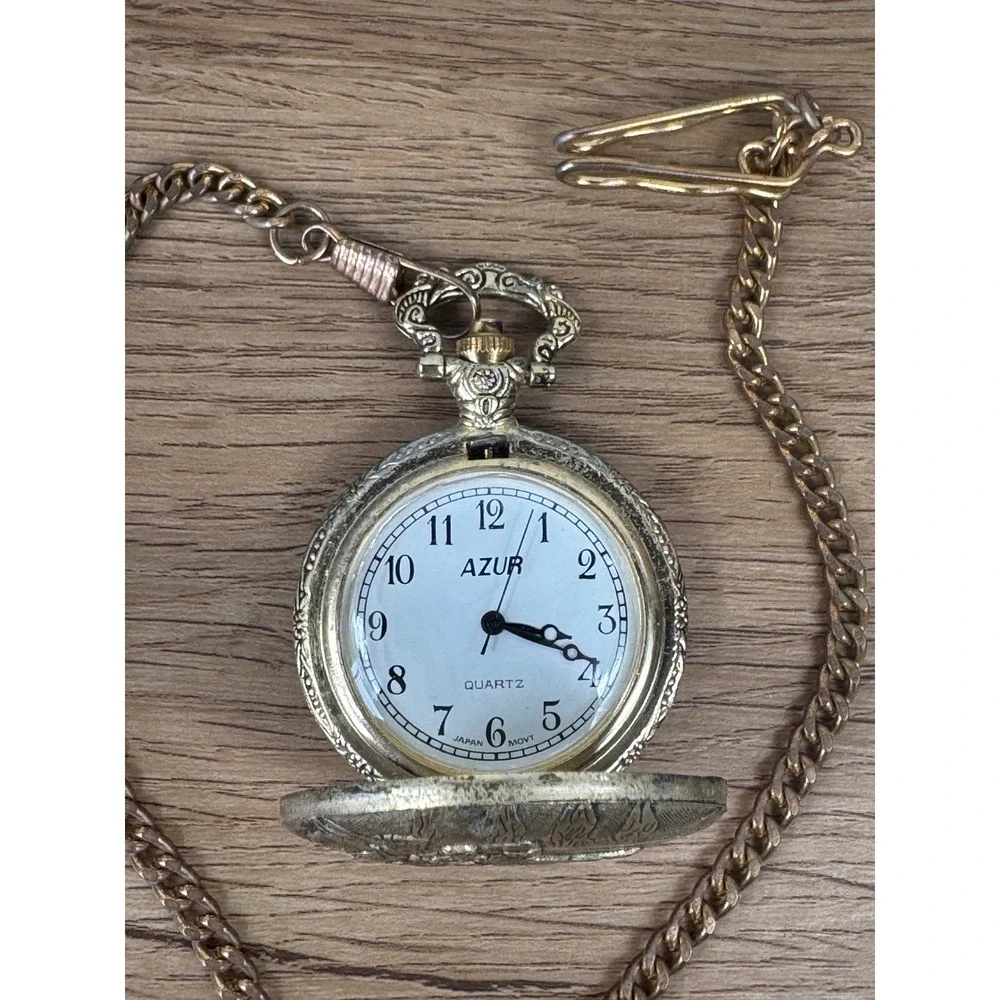 Azur Pocket Watch Gold Tone Vintage Car Embossed Quartz Chain